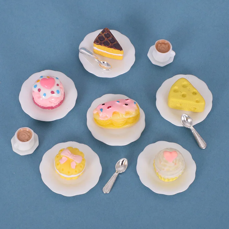 1set Dollhouse Mini Plate Cake Coffee Dessert Cream Cake Miniature Kitchen Scene Food Toy Resin Model Diy Accessories Home Decor