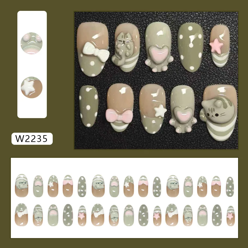 30pcs Matcha Little Cat Press On Nails French Style Cute Almond Apparel Decorations Bowknots Stars Cat Claw Designs False Nail