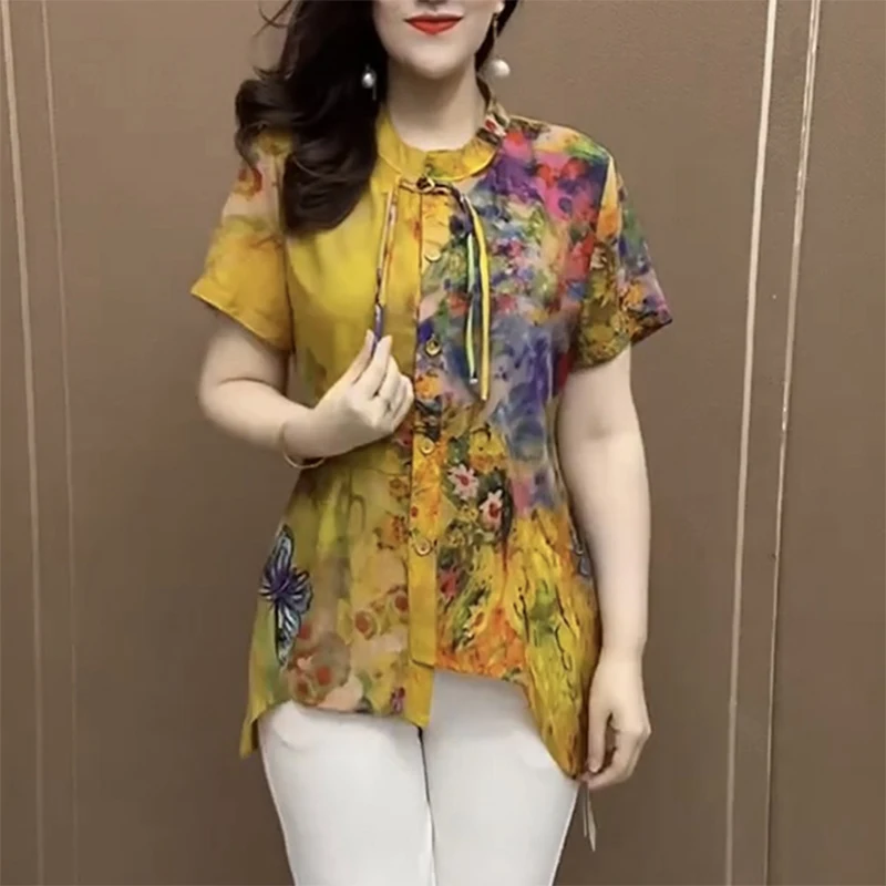 summer new Chinese style vintage irregular printing shirt ladies short sleeve temperament patchwork pullover top women oversized