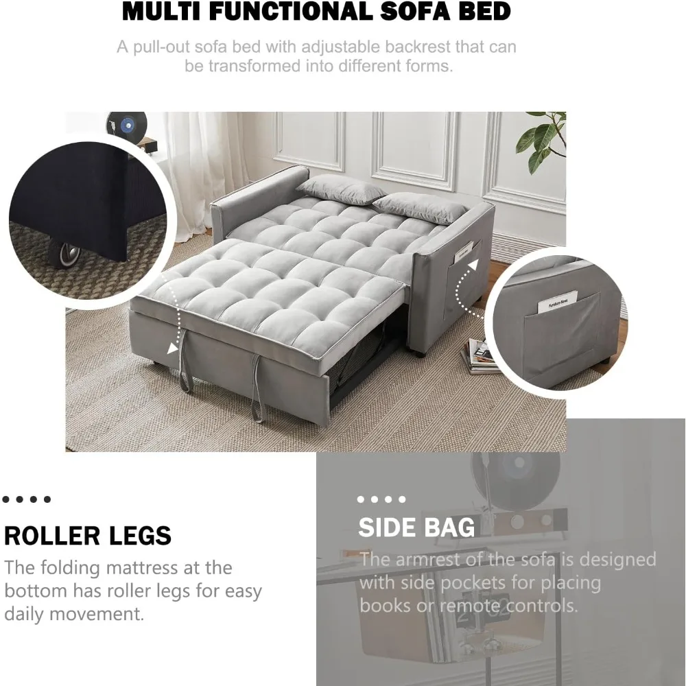 Sleeper Sofa Bed, 3-in-1 Velvet Pull Out Couch with Armrests, Storage Pockets and 2 Pillows, Adjustable Backrest, Sofa Bed