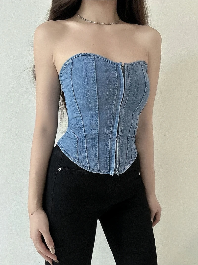 Denim Corset Women Top Y2K Button Up Strapless Street Style Wave Sexy Collar Fishbone Slim Stitch Strap Solid Color Denim Vest