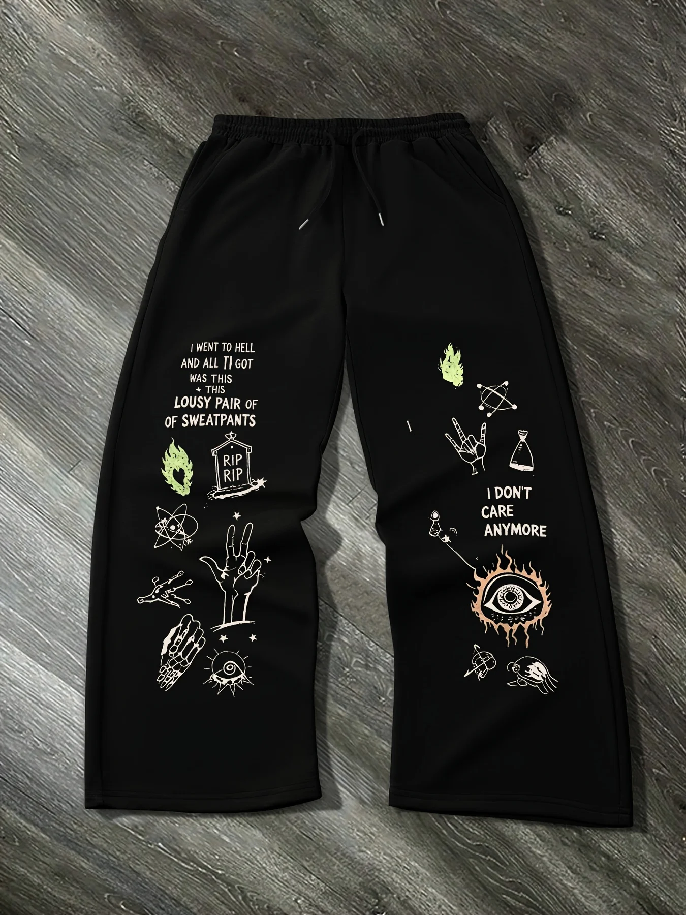 Men's double-sided multi-element gesture flame graffiti print running pants loose straight sports sweatpants trendy pants