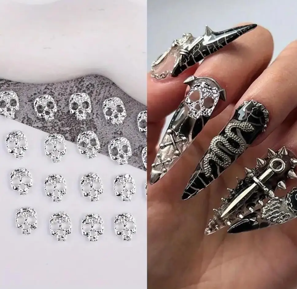 30 Uds. De dijes 3D de calavera de Halloween para decoración de uñas, aleación de 10mm, esqueleto Punk, tachuelas para uñas, 10mm, remache para manicura