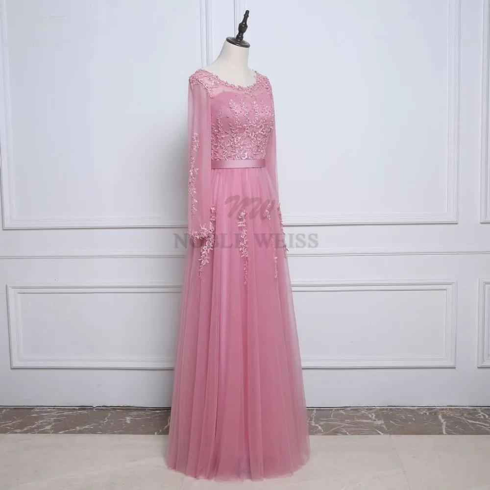 ロング A ライン イブニング ドレス O ネック アップリケ ビーズ プロム パーティー ドレス 長袖 カスタマイズ