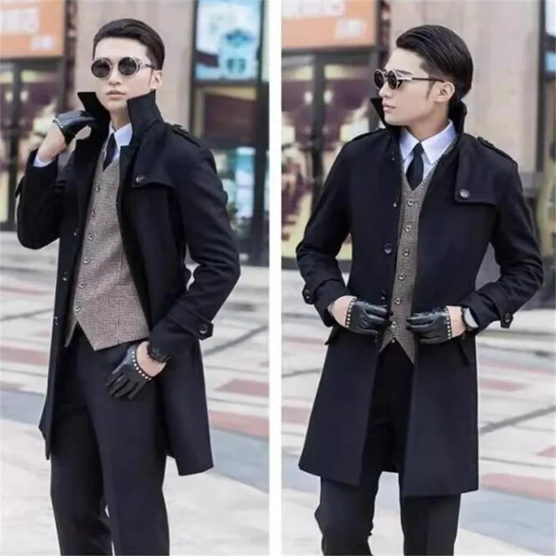 Korean Middle-Aged Woolen Coat Men Young Long Fitting Single Breasted Black Casual Winter Gabardina De Hombres Grey Blue