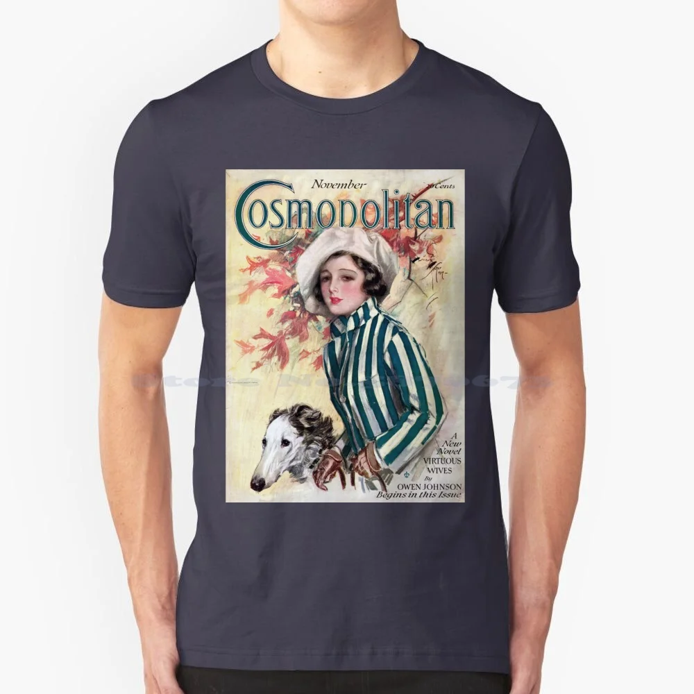 Old Cosmopolitan Magazine Cover T Shirt 100% Cotton Tee Old Cosmopolitan Magazine Cover Advertising Dog Young Woman Fashion