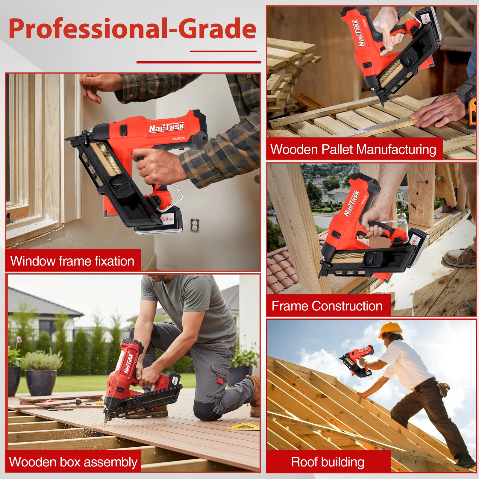 

Nailtask 34° Framing Nailer 2"-3-1/2" Cordless Dual Mode Nail Gun Safety Power Tool Set for Flooring Wood Upholstery Furniture