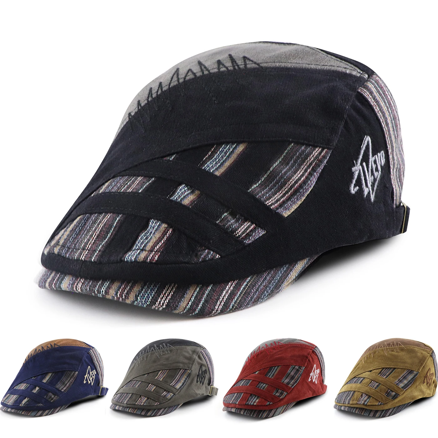 Trendy Striped Duckbill Visor Hat Men's and Women's Boinas Berets Summer Autumn Versatile Hip-hop Forward Newspaper Cabbie Caps