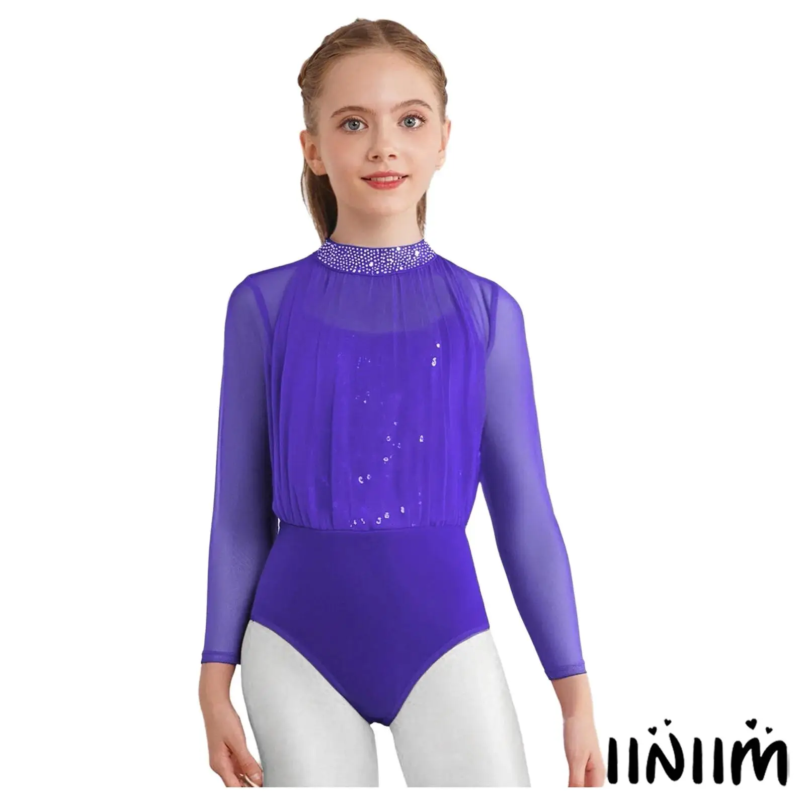 

Girls Sequins Rhinestones Figure Skating Gymnastics Leotard Long Sleeve Keyhole Back Sheer Mesh Bodysuit Ballet Dance Outfit