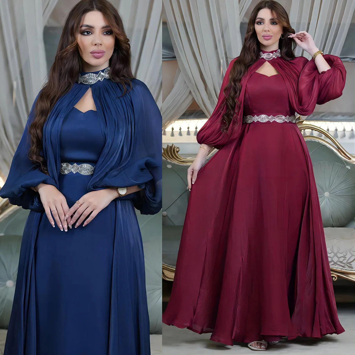 3823 Muslim Fashion Women's Waist Strap Big Sleeve Cloak Long Sleeve Two Piece Dress Set