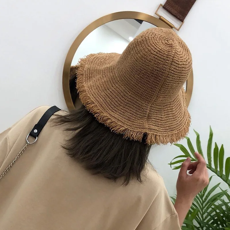 Summer Sun Hat Women Panama Hats for Women Wide Large Brim Beach Sun Hats Solid Visor Hat Straw Cap Female Bucket Hat