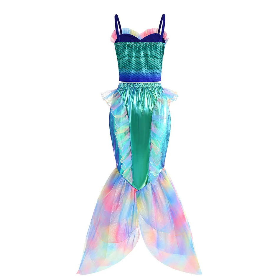 2026 Halloween Party Girl Cosplay Mermaid Sleeveless Cute Blue Dress Split Two-piece Holiday Beach Party Costume Suit 2-10T