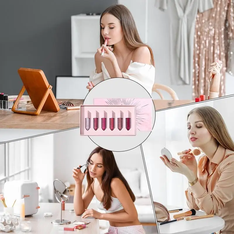 Portable Long-Lasting Lip Glaze 6pcs Lip Glaze Non-Stick Cup Long-Lasting Gloss Highly Pigmented Lip Stain Dry Lips Moisturizer