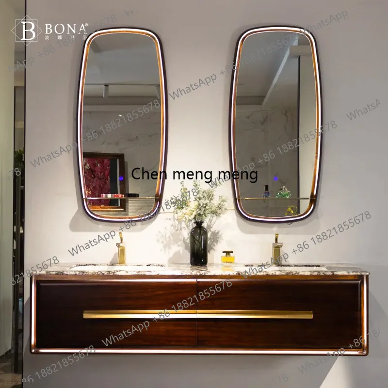 Aesthetic solid wood bathroom cabinet combination marble luxury stone countertop high-end bathroom cabinet