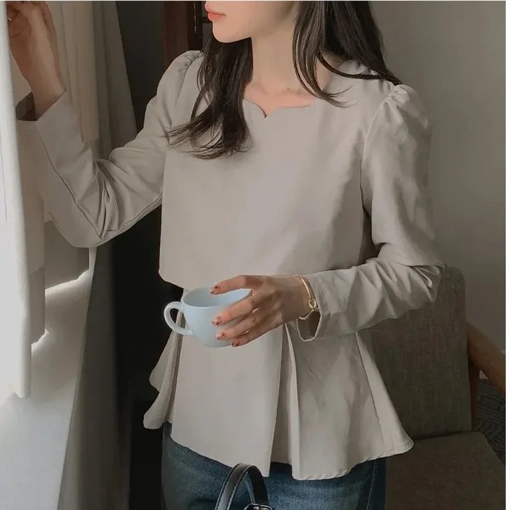 

Ele V-ne Bubble Sve irt Women's Chic Spring Faion Pleated Top French Sle Slim Fit Polyester Long Sve Blouse