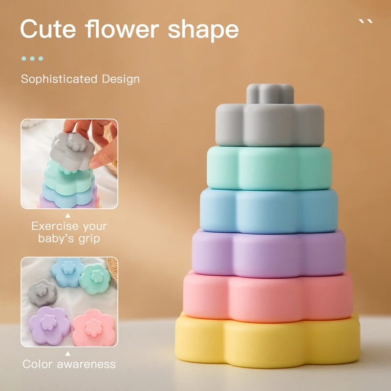 Baby Silicone Building Block Infant Montessori BPA Free Cartoon Flower Shaped Stacking Soft Block Kids Silicone Teething Toys