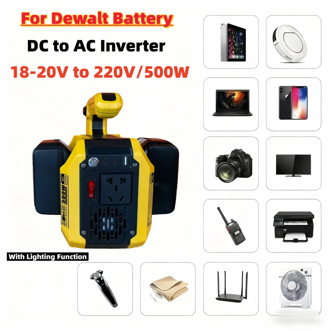 

Инвертор литиевой батареи от 18 В/20 В до 220 В, 500 Вт — подходит для батарей Dewalt 18 В/20 В, надежный портативный источник питания для наружного применения