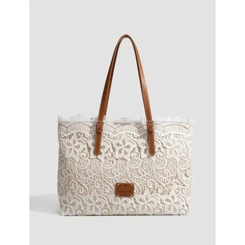 Bloom Fairycore Aesthetic Lace Shoulder Bags Women Retro Large Capacity Beige Handbag Wallet Gentle Vintage Underarm Bag 2025