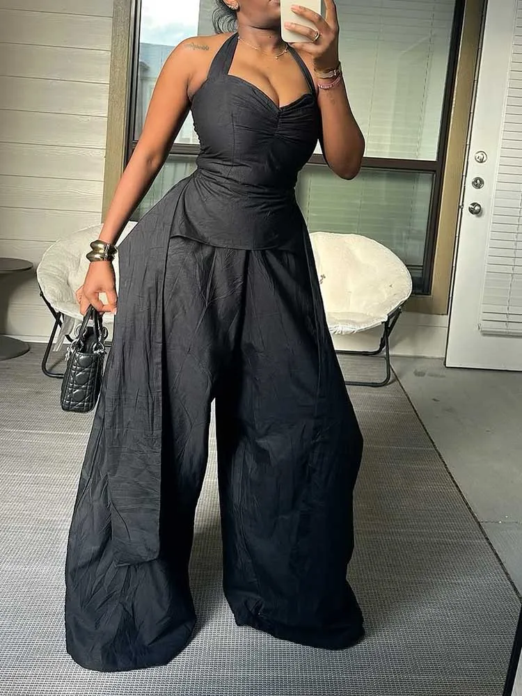 Elegant Formal Jumpsuits Women Halter Neck Full-length Jumpsuit Sexy One-piece Outfit High Waist