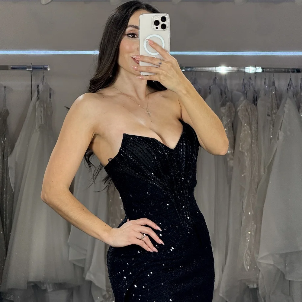 Amanda Customized Black Beading Mermaid Side Slit Prom Dresses Strapless vestidos de noche Sleeveless Backless Formal Evening