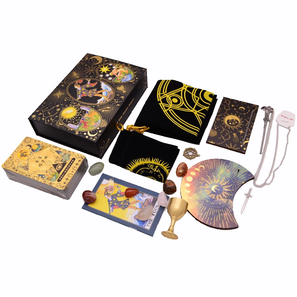 

Luxury Chinese Black Gold Sun Gift Box Set Gold Foil Tarot 12*7cm PVC Waterproof and Durable Game Card Crystal Stone Holy Grail