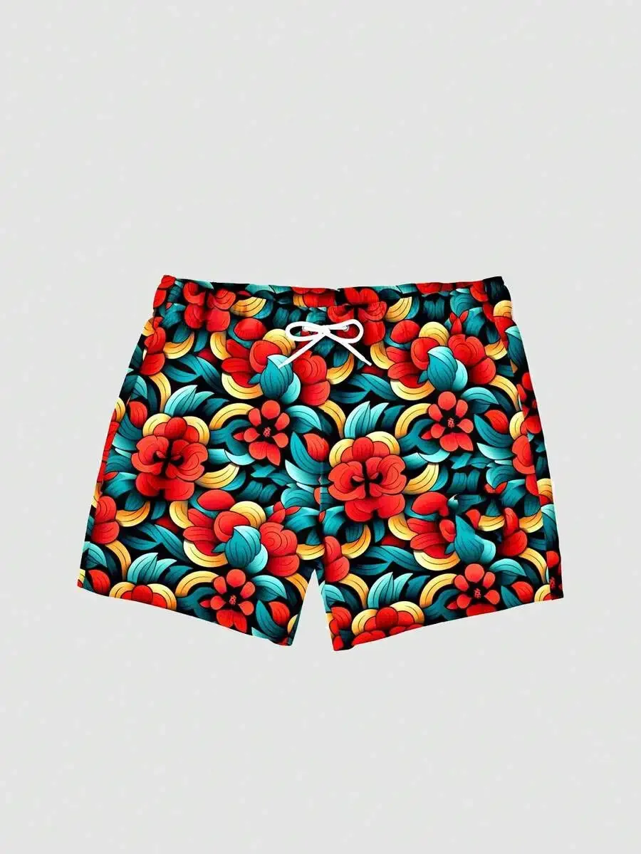 Mens Floral Print Casual Shorts With Drawstring Waist