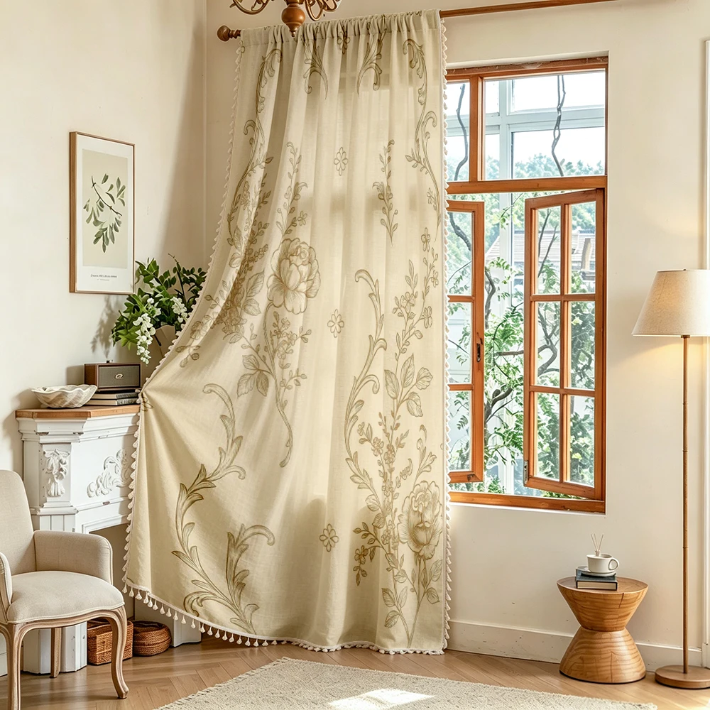 1PC Elegant Tassel Sheer Curtains, Beige Lace Floral, Digital Print, Linen Polyester, Bedroom Living Room, Rod Pocket Polyester