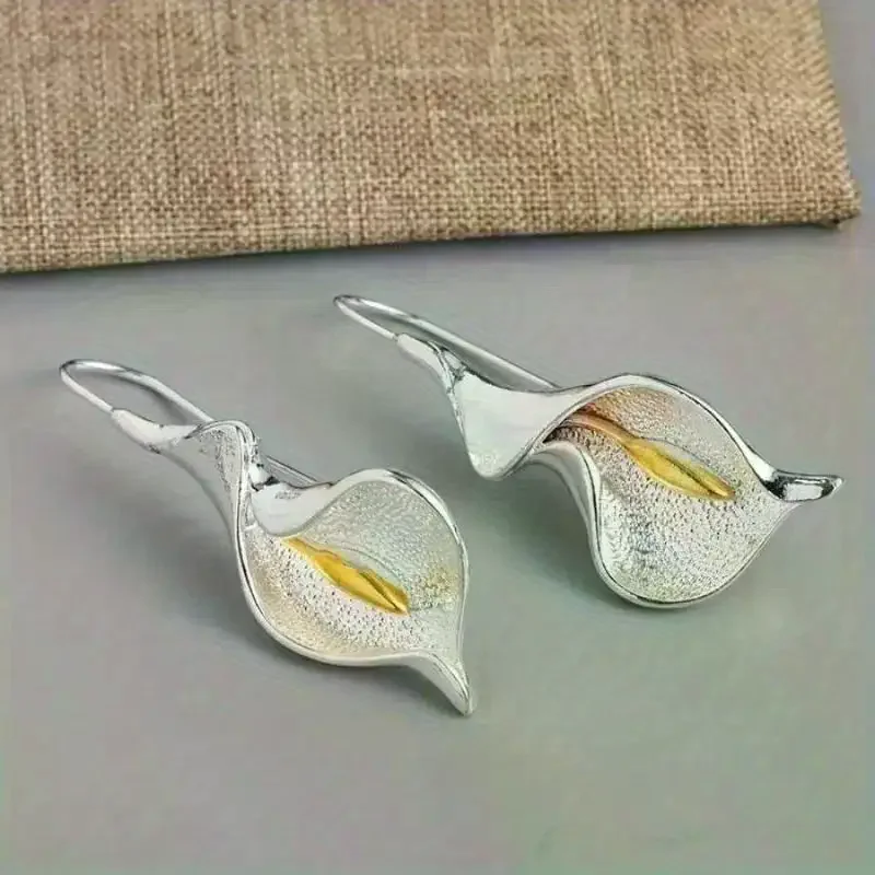 Silver Calla Lily Dangle Earrings: Two Tone Gold Accent Textured Finish Daily Wear Weddings Parties