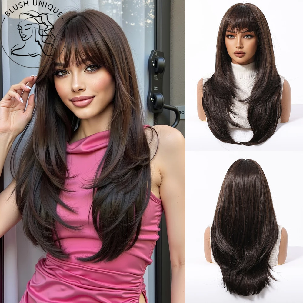 

Brown Layered Cut Wig Wigs with Bangs Natural Straight Wigs For Women Synthetic Layered Heat Resistant Wig Glueless Wigs Cosplay