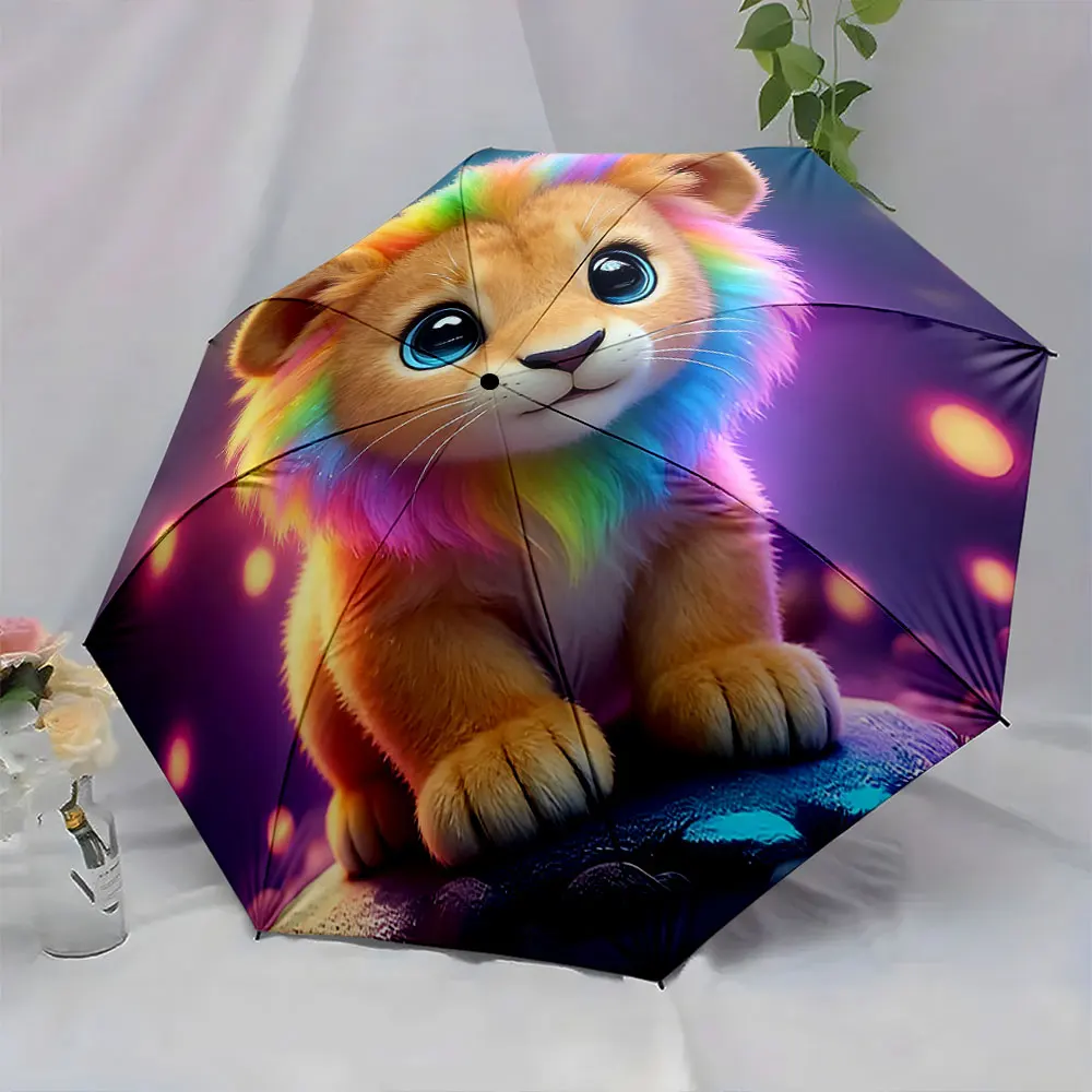 1PC Colorful Lion Cub Umbrella for Vibrant Rainy Days Print 8 Iron Ribs Folding Umbrella Auto-Open Fashion Sunshade