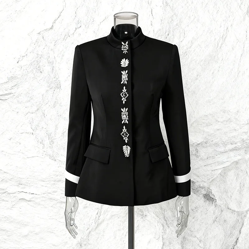 ZAMOR HIGH STREET Women Modern Chinese Heavy Craft Suit Set Stand Collar Irregular Single Breasted Slim Fit Blazer High Waist Pa