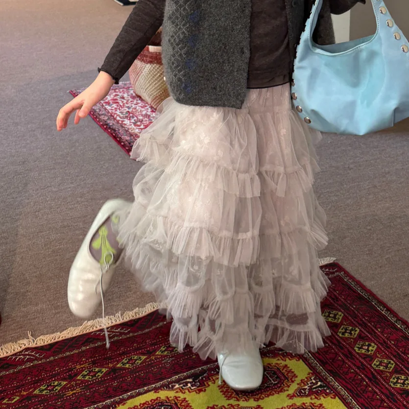 Girls Skirt 2026 Spring and Autumn New Children's Clothing Korean Style Girl Baby Multi-layer Floral Lace Loose Mesh Cake Skirt