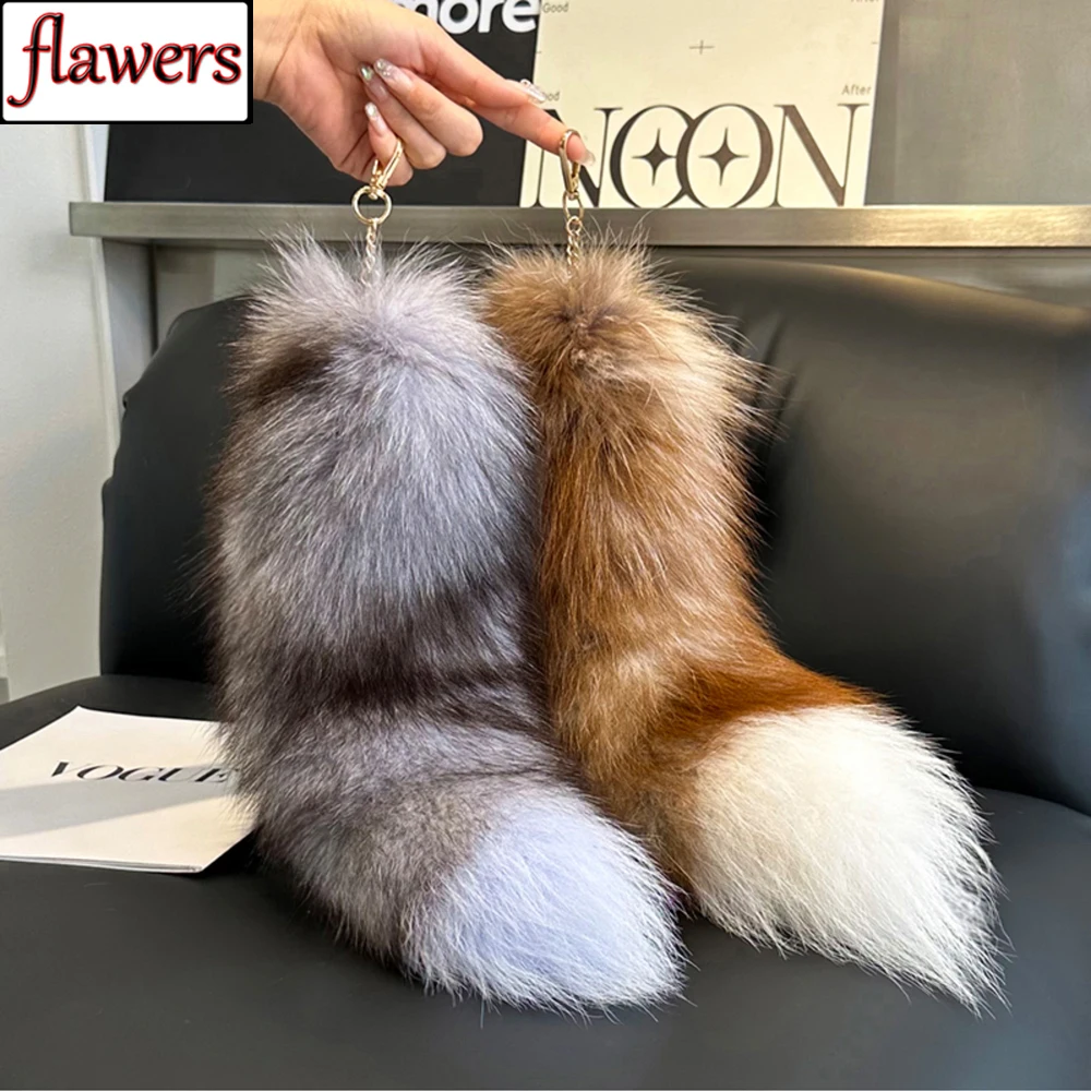 40cm Real Fox Fur Tail Large Long Natural Fur tail Keychain Pendant Cosplay tail Cute Wolf Fox Tail Fur Car Keychains For Women