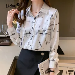 Vintage Fashion Printing Single-breasted Blouse Women New Long Sleeve Turn-down Collar All-match Temperament Chiffon Shirt 2022