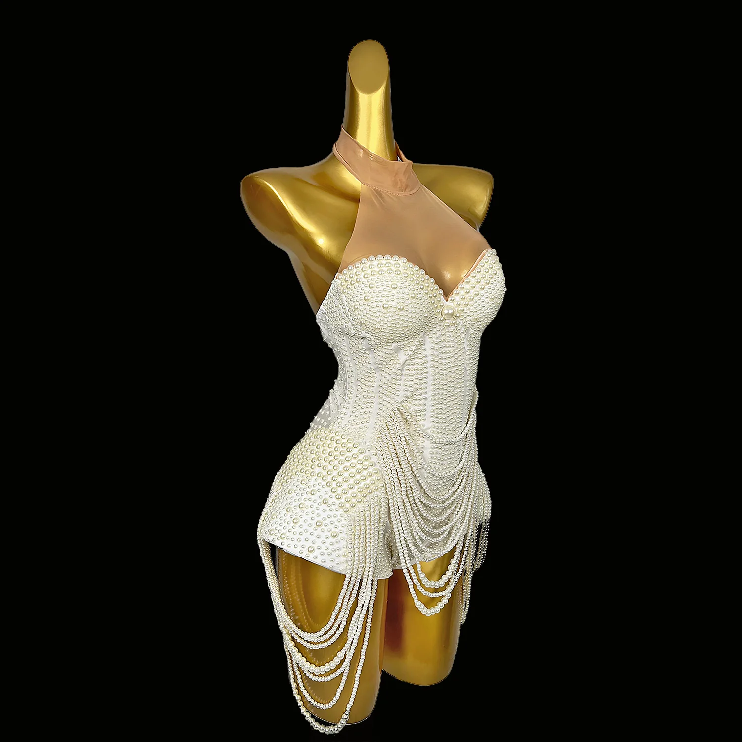 Luxurious Full White Pearls Chains Party Bodysuit  Elegant Women Sexy Dancer Leotard Nightclub Showgirl DJ Singer Stage Costumes