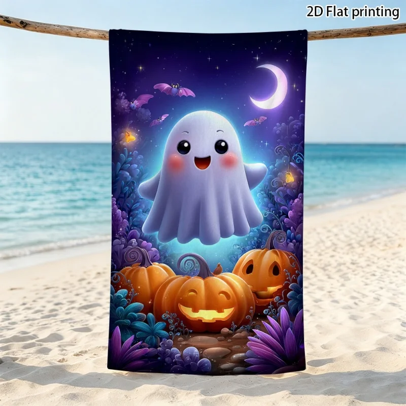 Newest Beach Towel Cute Cartoon Ghost Pumpkin Crescent Moon Purple Night Print Beach Towel Lightweight Swimming Bath Towel
