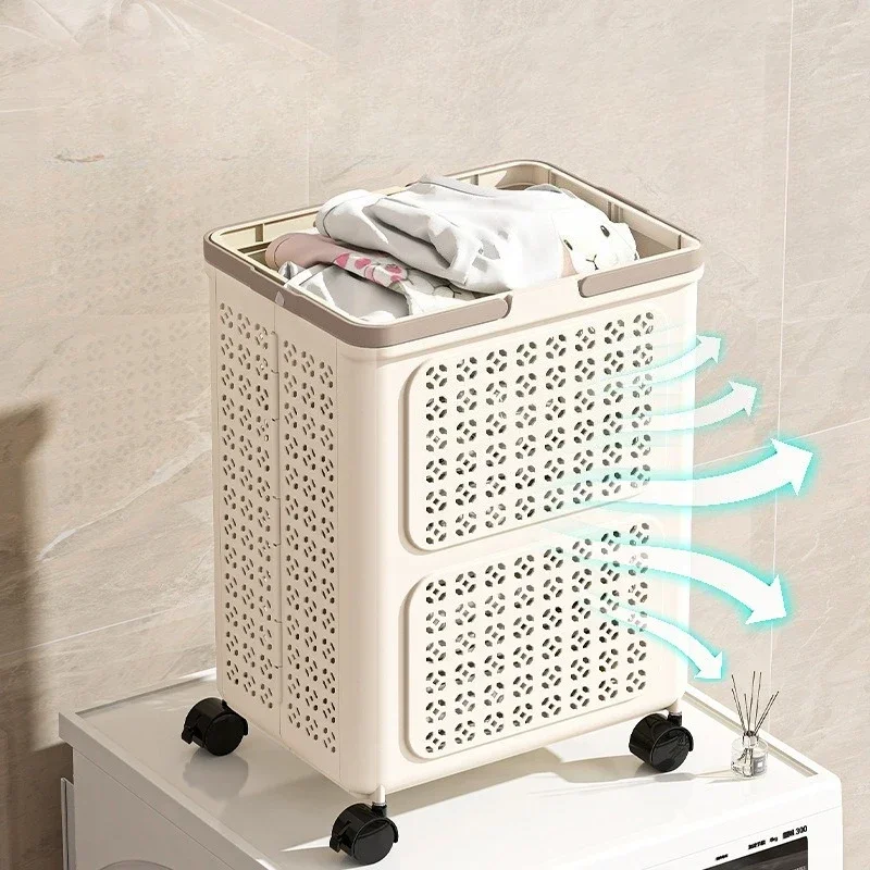 Foldable Laundry Basket with Wheels Large Capacity Rolling Hamper Breathable Plastic Clothes Storage Bin for Bathroom Bedroom