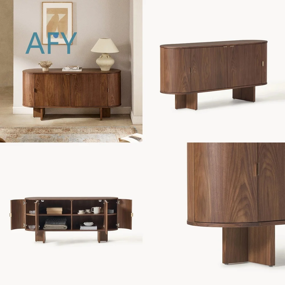 Elegant Rounded Wooden Tableware Cabinet for Living Room Storage 4 Door Oversized Home Organizer for Dining Room Kitchen for