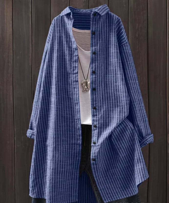 2025 New Women's Cotton and Linen Striped Shirt with Long Sleeves