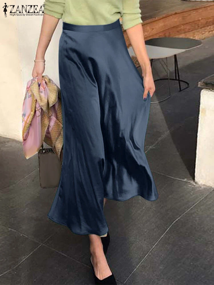 

ZANZEA Elegant Satin Maxi Skirts Casual Women's High Waist Solid Color A-line Swing Jupes Loose 2025 Fashion Party Faldas Mujer