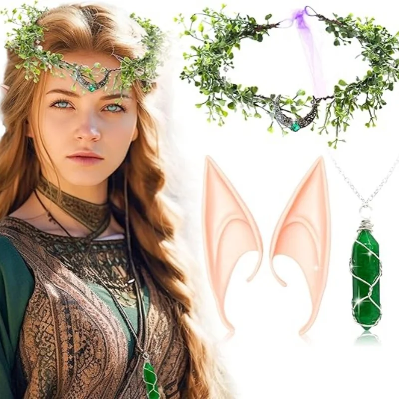 LaVenty Set of 3 Moon Renaissance Elf Costume Gloves Renaissance Headpiece Fairy Crown Headband Elf Ears Forest Elf Renaissance