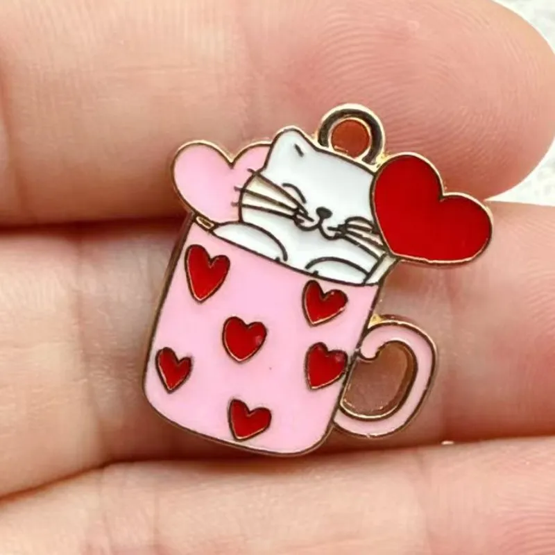 10pcs Enamel Cup Cat Charm for Jewelry Making Kawaii Earring Pendant Bracelet Necklace Accessories Diy Craft Supplies Materials