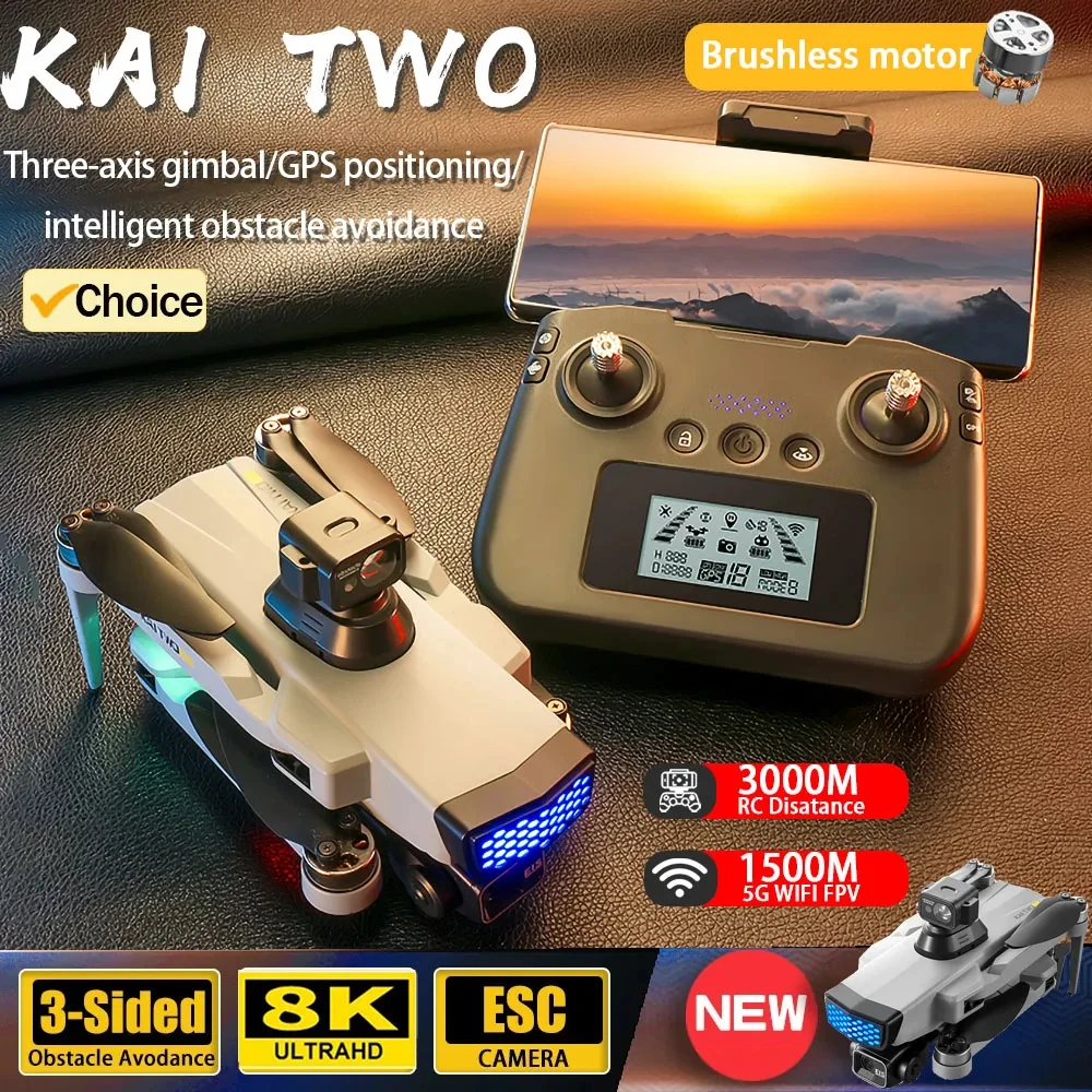 KAI TWO PRO GPS 8K Professional Drone Three Axis Self Stabilization HD Camera 360° Obstacle Avoidance Brushless RC Quadcopter