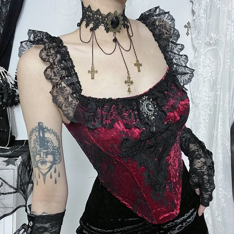 IMU Crop Renda Gotik, Pakaian Punggung Terbuka Ruffle Atasan Pendek Seksi Motif Grafis Goth Hitam Mall Camis Harajuku Estetika