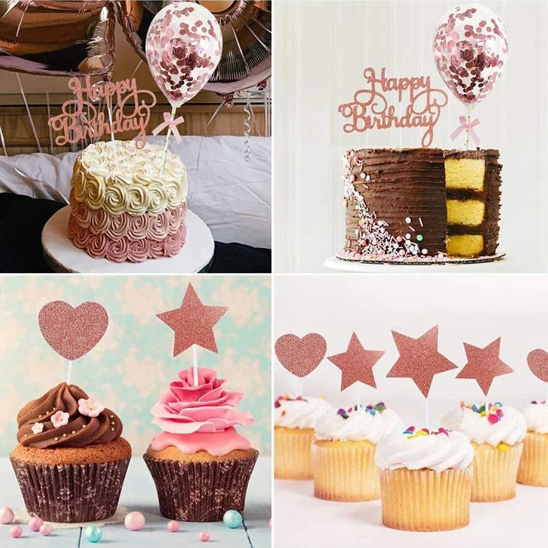 1 conjunto de glitter feliz aniversário bolo topper confetes balão coração estrela cupcake sobremesa decoração chá de bebê decoração do bolo suprimentos