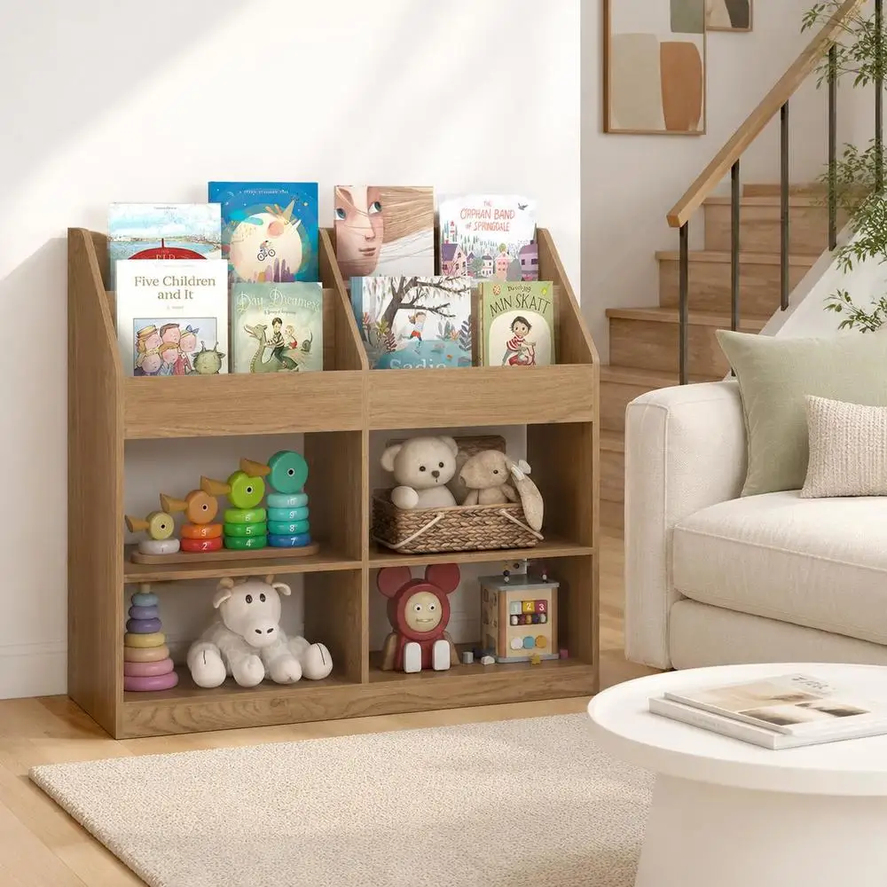 3-stufiges Kinder-Bücherregal mit Präsentationsregal und 4 Fächern für das Kinderzimmer – Naturfarben, vielseitig einsetzbar, geeignet für Arbeitszimmer, Wohnbereich und Arbeitsplatz