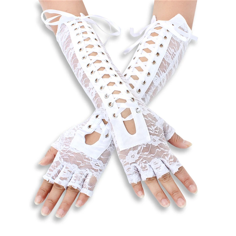 Women Lace Fingerless Gloves Gothic DIY Strapping Dance Etiquette Nightclub Open Punk Gloves Accessories 2024 New