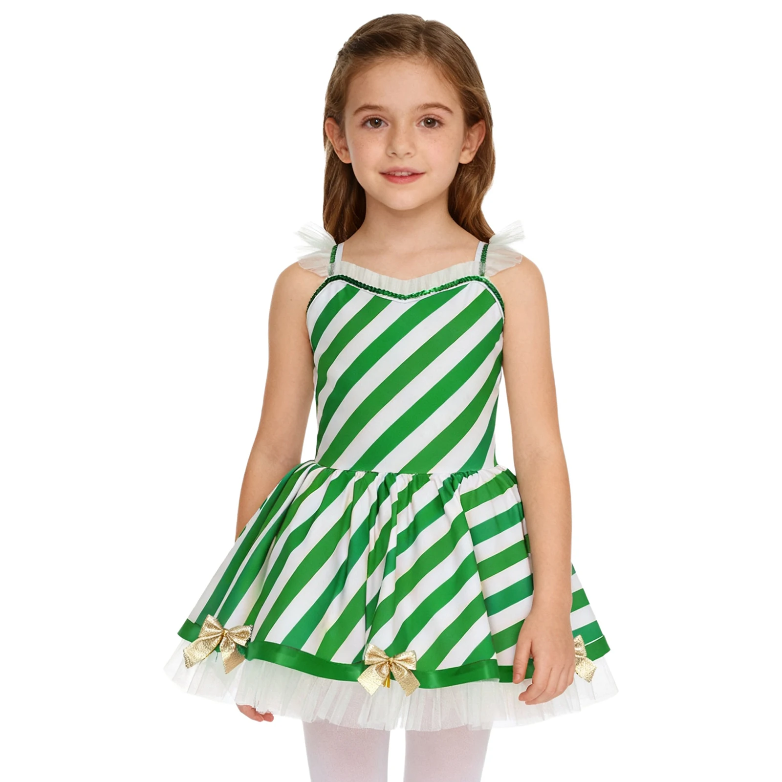 

Girls Candy Cane Stripe Figure Skating Costume Dress Bow Decor Ruffled Mesh Trim Tulle Dress Tutu Ballet Christmas Carnival Gown