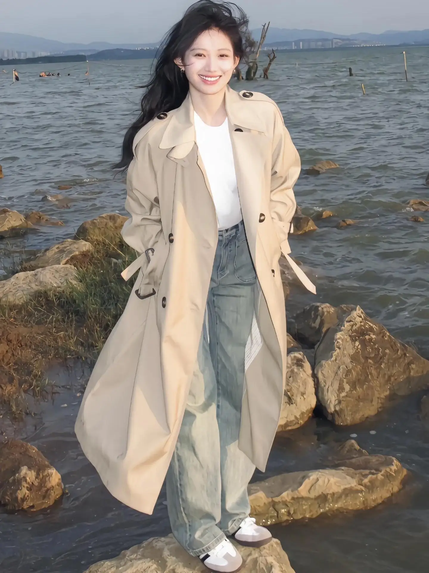 

Women'S Short Trench Coat Plus-Size Autumnal Korean-Style Spring-Autumn Smooths Silhouette Irregular Windbreaks A-Line Korean
