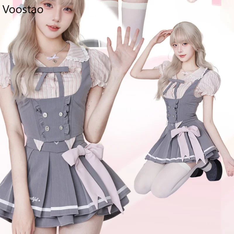 Japanese Kawaii Lolita Style Skirt Set Women Preppy Style Puff Sleeve Striped Shirt Vest Mini Pleated Skirts Suit Sweet Uniform